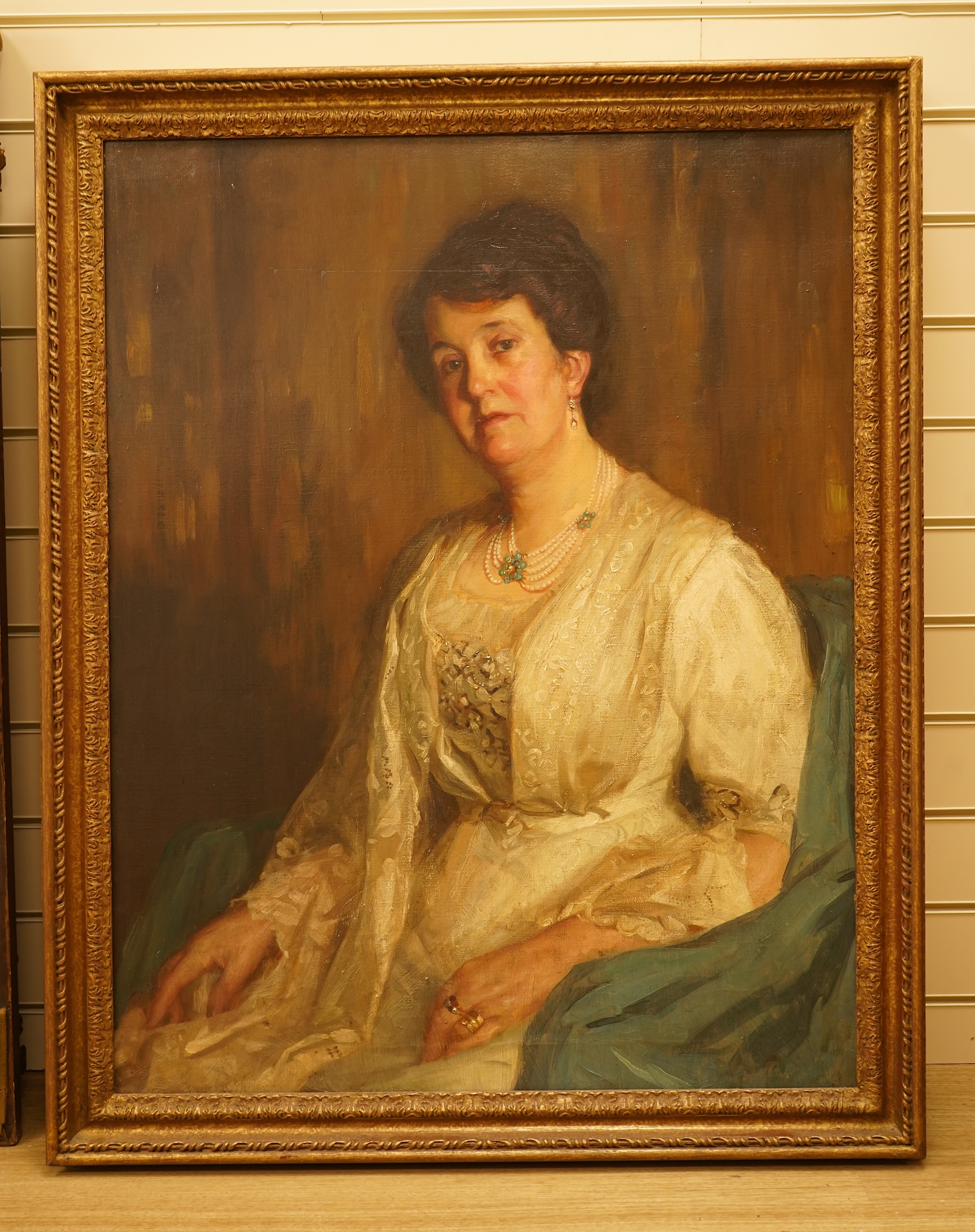 John William Schofield (1865-1944), Portrait of Anne Elizabeth Schofield (nee. Wood, 1862-1937), unsigned, oil on canvas, 89 x 69cm